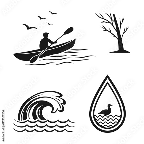 Silhouette illustration of outdoor activities and nature