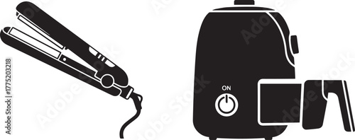 Monochromatic Silhouette of Hair Straightener and Kitchen Appliance Vector