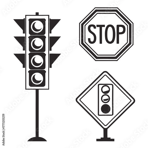 Traffic lights and stop sign in black color
