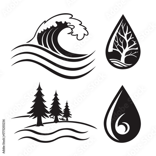 Silhouette illustration of nature landscape with wave and tree