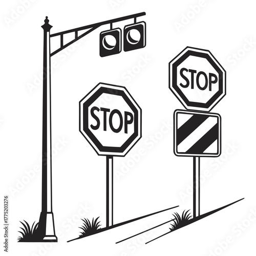 Black and white illustration of stop signs and traffic lights