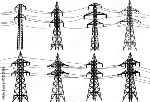 Flat vector transmission tower silhouettes, high voltage pylons with power lines, electrical infrastructure energy distribution illustration