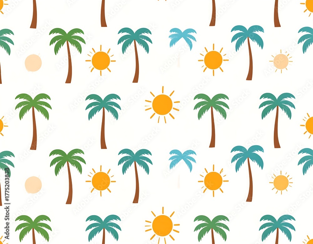 Obraz premium Repeated palm trees, suns, and circles create a seamless tropical pattern