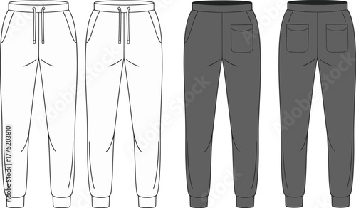 Jogger pants front and back view flat sketch, drawstring waistband, cuffed ankle design, CAD fashion illustration, vector apparel template