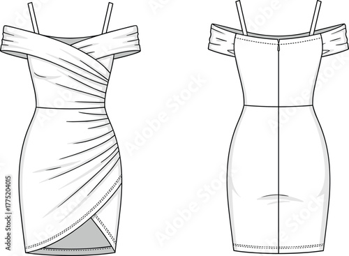 Off shoulder ruched dress front and back view, fitted silhouette, fashion sketch, asymmetrical hem, cad drawing flat vector illustration