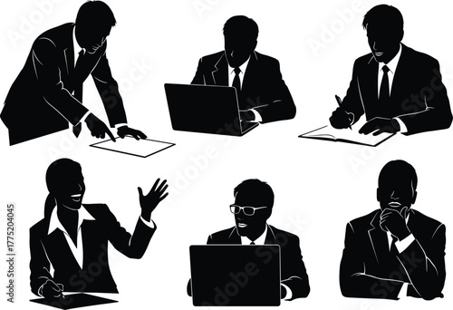 Business professionals, office teamwork, corporate discussion, workplace presentation, financial planning, communication strategy, productivity concept, flat vector