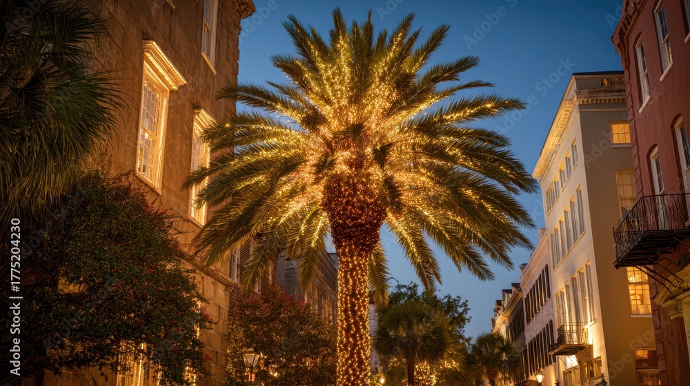 Fototapeta premium Charleston city street glowing with festive christmas lights wrapped around a tall palm tree at twilight, creating a warm holiday evening atmosphere