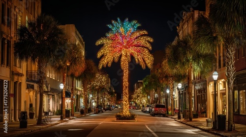 Illuminated palm tree with colorful christmas lights creating a festive holiday atmosphere on a charming city street at night, bringing cheer to the urban landscape