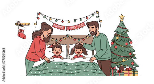Loving parents tucking their children into a cozy bed on a festive Christmas Eve, celebrating family togetherness and holiday warmth