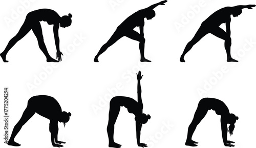 Yoga poses, stretching exercise, fitness routine, wellness lifestyle, body flexibility, balance training, healthy practice, flat vector