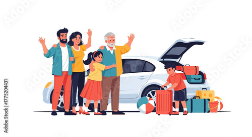 Happy multi-generational family with children waving goodbye before a road trip adventure, packing luggage into the car