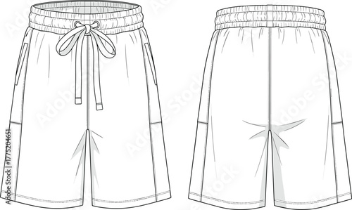 Technical Flat Fashion Drawing Vector Illustration Casual Knit Shorts Elastic Waist Drawcord Front Pockets Detailed Stitching Design Template Apparel CAD Sketch