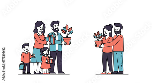 A caring family with children brings thoughtful gifts and a potted houseplant to a welcoming couple