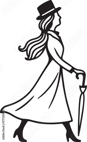 Elegant silhouette of a woman wearing a hat and long dress, walking with an umbrella. Minimalist vector style with clean lines and a vintage touch. Perfect for design, logo, decoration or art projects