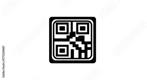 A minimalist black and white vector icon of a scannable quick response matrix barcode for digital information access and marketing