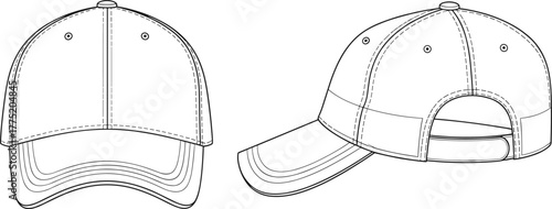 Technical Flat Fashion Drawing Vector Illustration Six Panel Baseball Cap Front Side View Eyelets Adjustable Back Strap Design Template Apparel CAD Sketch