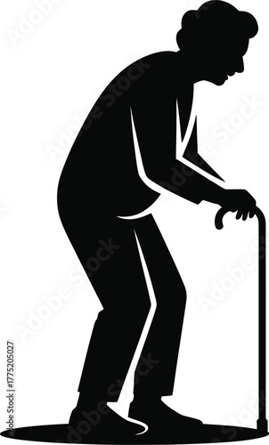 Silhouette of an elderly person with a cane isolated on white background