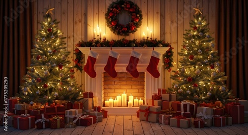 Wallpaper Mural Cozy christmas scene with glowing fireplace decorated trees and stockings hung with care Torontodigital.ca