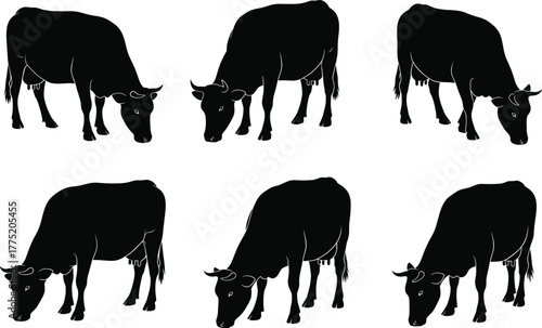 Cow silhouette grazing pose, black livestock figure, farm animal illustration, rural design, standing cattle concept, agriculture art, pasture scene
