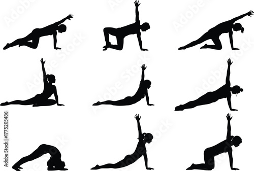 Flat vector seated yoga poses silhouettes, advanced flexibility balance illustration, fitness stretching workout meditation wellness design set