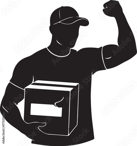 The image depicts a silhouette of a man wearing a cap and a t-shirt, flexing his arm while holding a large box. The background is a geometric pattern with various shapes and lines.
