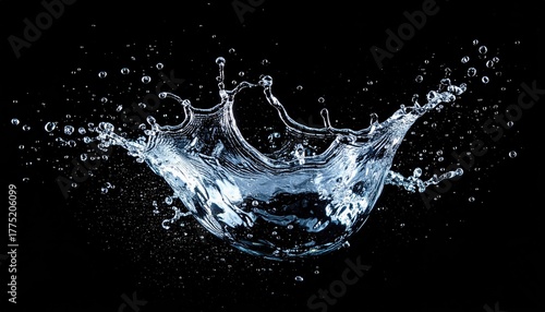 Dynamic Blue Water Splash frozen mid air with countless droplets against a stark black background showcasing fluid motion and abstract beauty