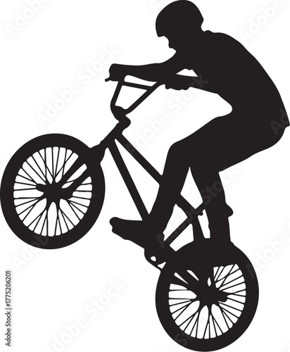 Silhouette of aBMX Rider Performing a Wheelie on a Bicycle Keywords: bmx, bicycle, bike, rider, cyclist, silhouette, wheelie, trick, stunt, extreme sport, action, also transparent background