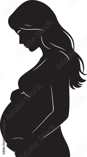 Silhouette of a Pregnant Woman with Long Flowing Hair Holding Her Belly Keywords: pregnant, pregnancy, woman, silhouette, expectant mother, belly, baby, unborn child, also transparent background
