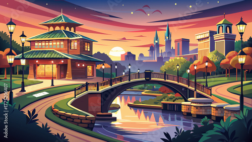 Very beautiful view of Brush Creek flowing through Country Club Plaza in Kansas City, Missouri, United States, with elegant bridges, reflections of city lights, and Spanish-inspired architecture at du