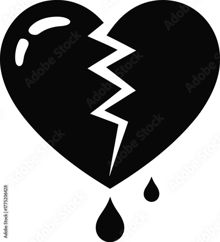 Black silhouette of a broken heart with drips isolated on white background