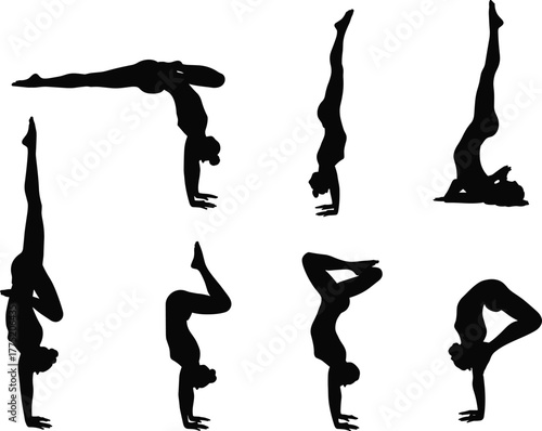 Flat vector handstand yoga poses silhouettes, balance flexibility strength illustration, fitness workout meditation wellness exercise design set