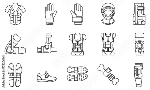 Collection of line art icons representing various types of protective gear and sporting equipment