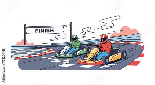 Two go-karts race towards the finish line on a checkered track, with drivers wearing helmets and colorful suits.