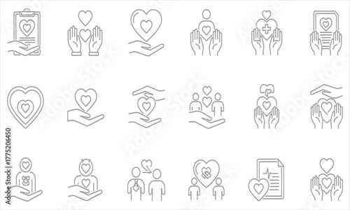 Love, Care, and Support" Line Art Icons Collection Representing Community, Health, and Philanthropy Through Heartfelt Gestures