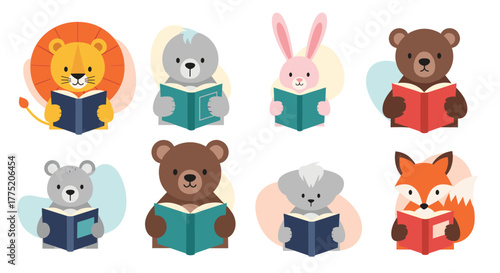 Cute cartoon animals reading books, promoting literacy and education with adorable characters.
