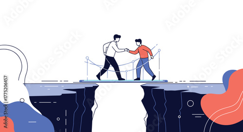 Two people shake hands across a deep chasm, symbolizing partnership and overcoming challenges.