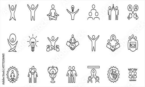 Collection of Line Art Icons Illustrating Concepts of Community, Mindfulness, and Collaboration