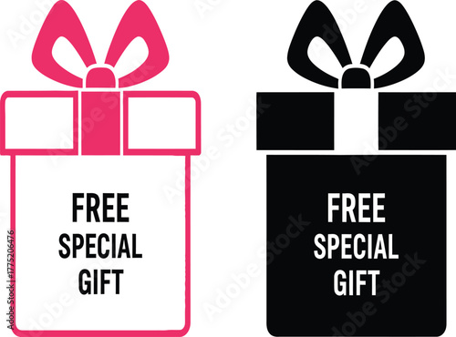 Two gift boxes with a bow, one in pink and the other in black, both with the text free special gift isolated on white background