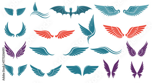 Collection of various stylized wing illustrations in blue, red, and purple hues.