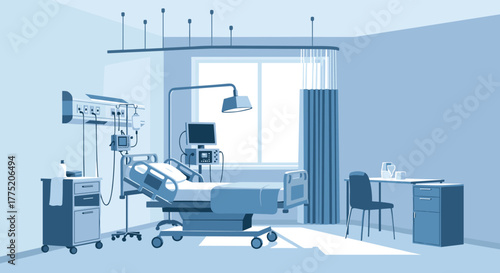 A sterile and brightly lit hospital room with a patient bed and medical equipment.
