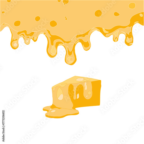 Melting cheese drip background. Smooth cheddar sauce pattern. Minimal liquid dairy splash texture for food design. Tasty snack topping abstract illustration wallpaper.