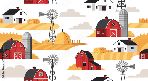 Seamless pattern of a charming farm scene with barns, windmills, and hay bales.