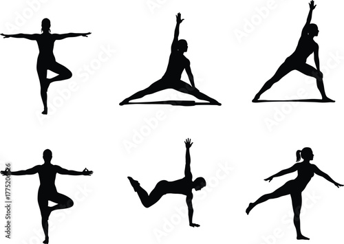 Flat vector yoga fitness poses silhouettes, balance flexibility meditation illustration, stretching workout wellness exercise design set