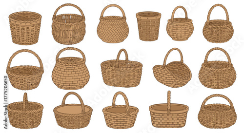 Collection of various woven wicker baskets in different shapes and sizes for storage and decor.