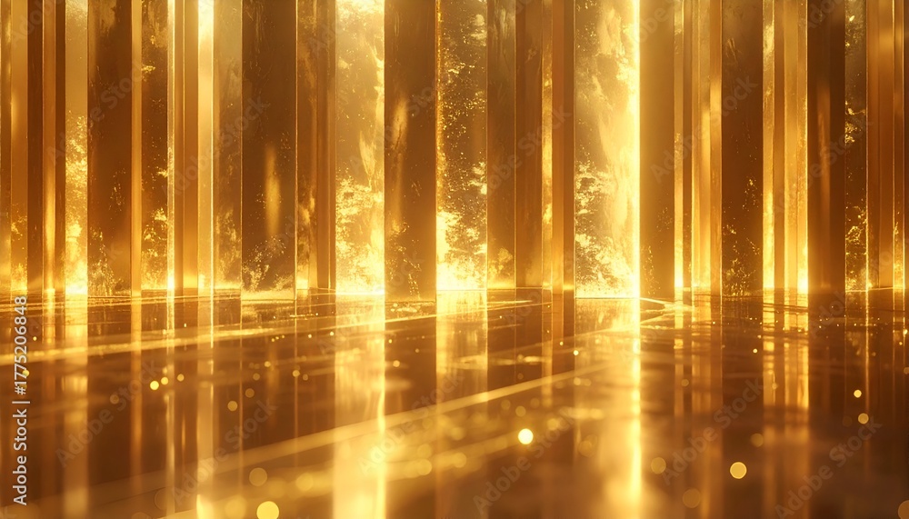 Obraz premium Ethereal golden forest with shimmering light beams illuminating the tranquil atmosphere