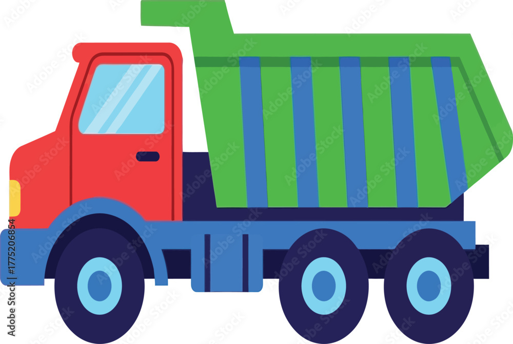 Fototapeta premium A vibrant cartoon illustration features a colorful dump truck with a red cab and a green and blue striped bed, ready for hauling materials isolated on white background