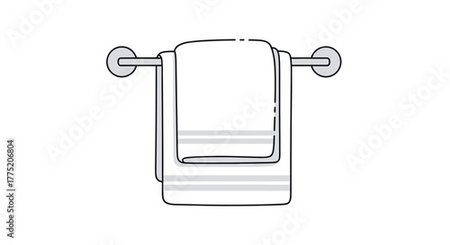 Two white towels with grey stripes hanging on a silver towel rack.
