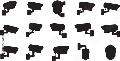 Collection of security camera silhouettes on a white background Keywords: security camera, surveillance camera, CTV, camera, video, recording, monitoring, security, also transparent background