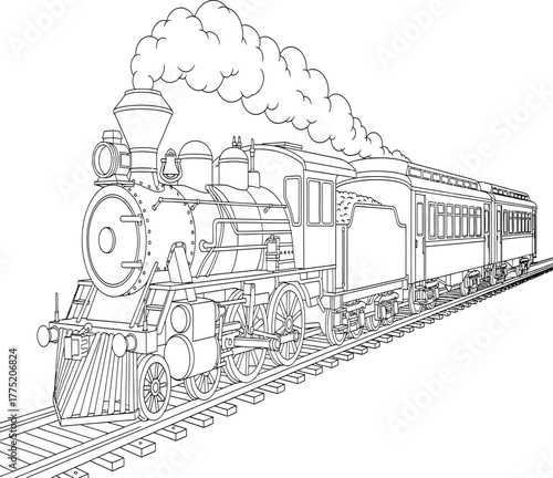 A captivating black and white drawing showcases a vintage steam train chugging along the tracks, its billowing smoke adding a touch of nostalgia isolated on white background