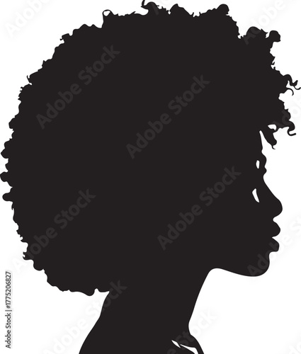 Silhouette Profile of a Woman with Voluminous Curly Hair on a White Background head face also transparent background